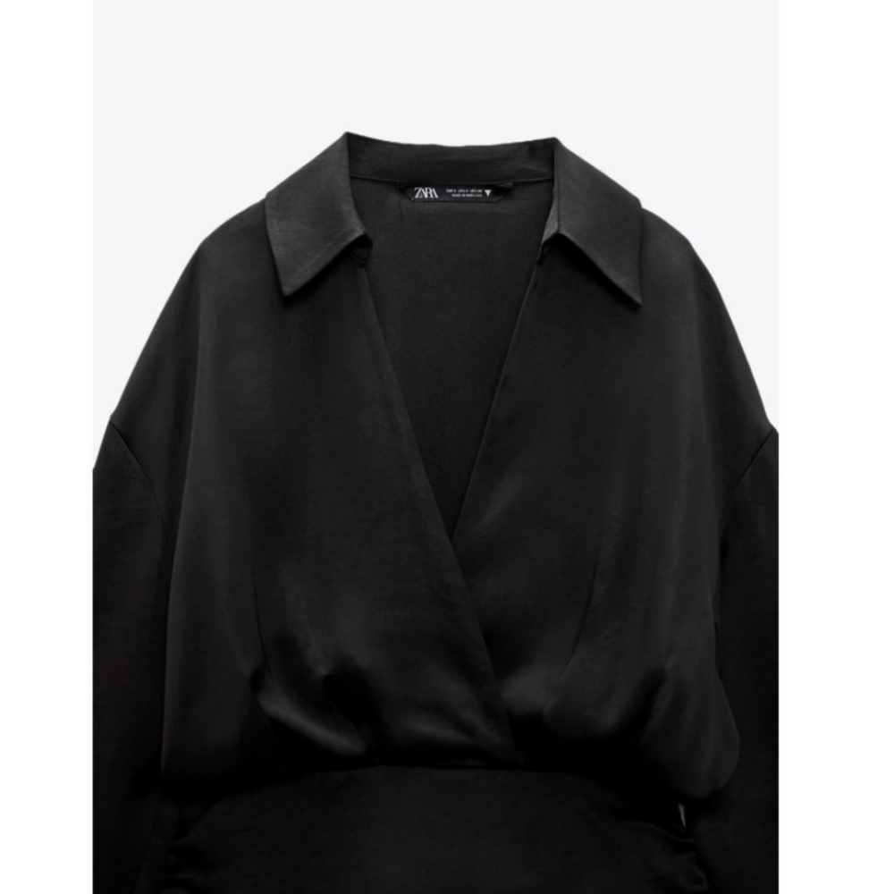 ZARA * SHORT SATIN EFFECT RUCHED DRAWSTRING DRESS Black - Picture 6 of 7